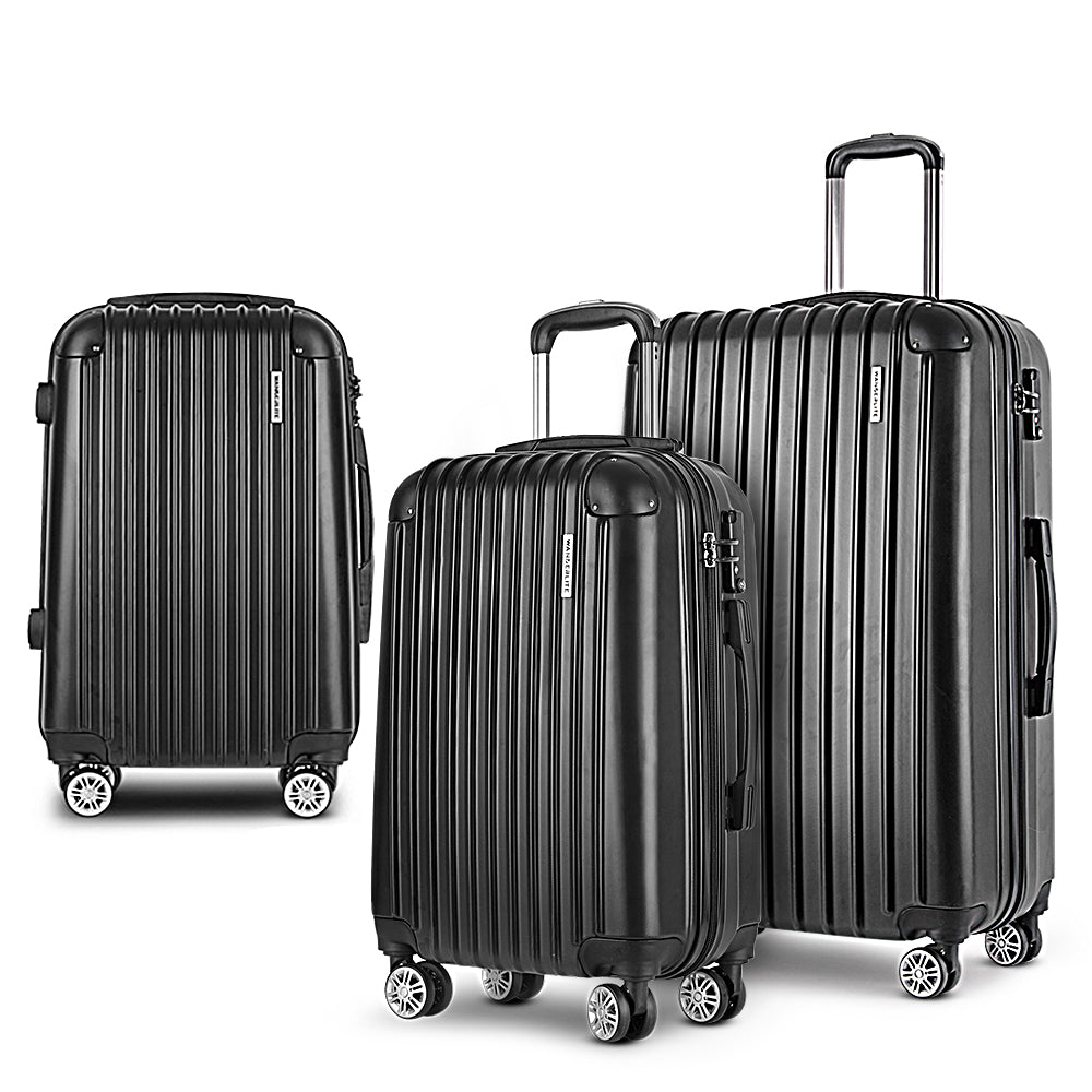 Wanderlite 3pcs Luggage Trolley Set | Travel Suitcase Storage Organiser | Carry On | Hard Case | TSA | Lightweight | Black