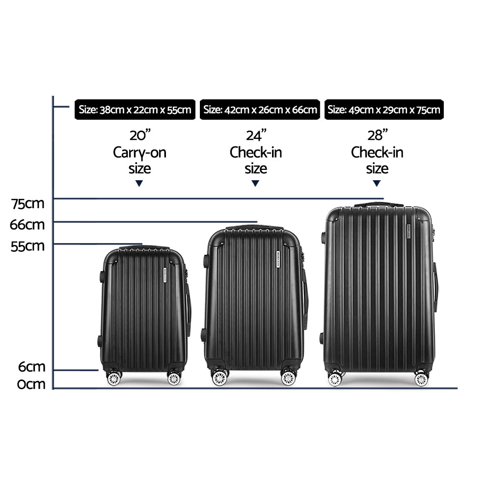 Wanderlite 3pcs Luggage Trolley Set | Travel Suitcase Storage Organiser | Carry On | Hard Case | TSA | Lightweight | Black