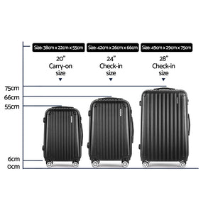 Wanderlite 3pcs Luggage Trolley Set | Travel Suitcase Storage Organiser | Carry On | Hard Case | TSA | Lightweight | Black