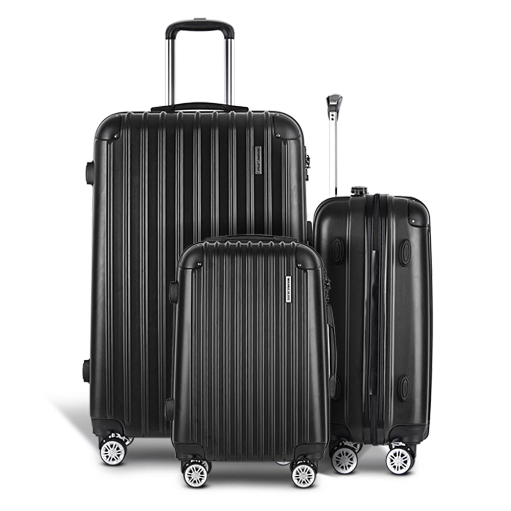 Wanderlite 3pcs Luggage Trolley Set | Travel Suitcase Storage Organiser | Carry On | Hard Case | TSA | Lightweight | Black