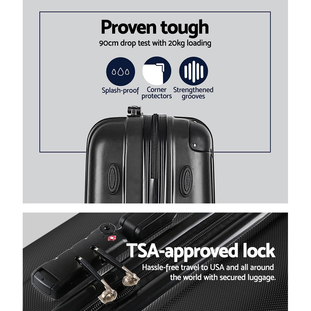 Wanderlite 3pcs Luggage Trolley Set | Travel Suitcase Storage Organiser | Carry On | Hard Case | TSA | Lightweight | Black