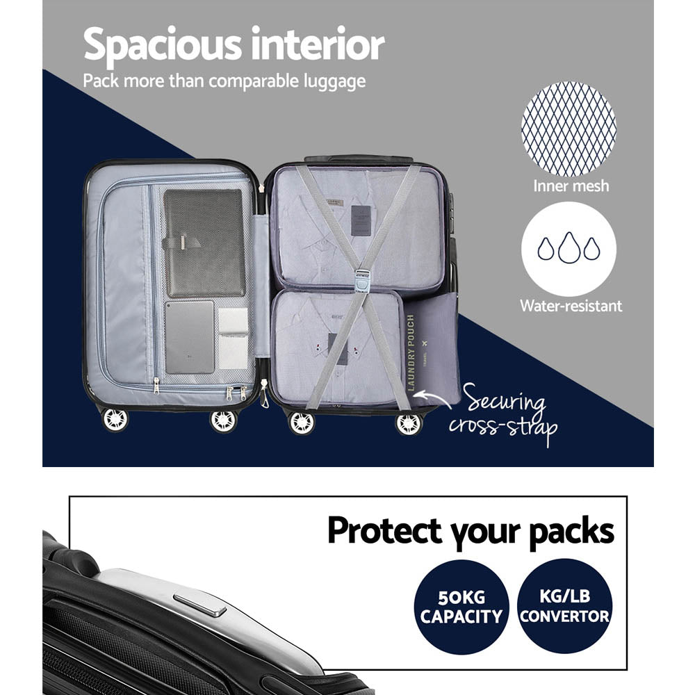 Wanderlite 3pcs Luggage Trolley Set | Travel Suitcase Storage Organiser | Carry On | Hard Case | TSA | Lightweight | Black