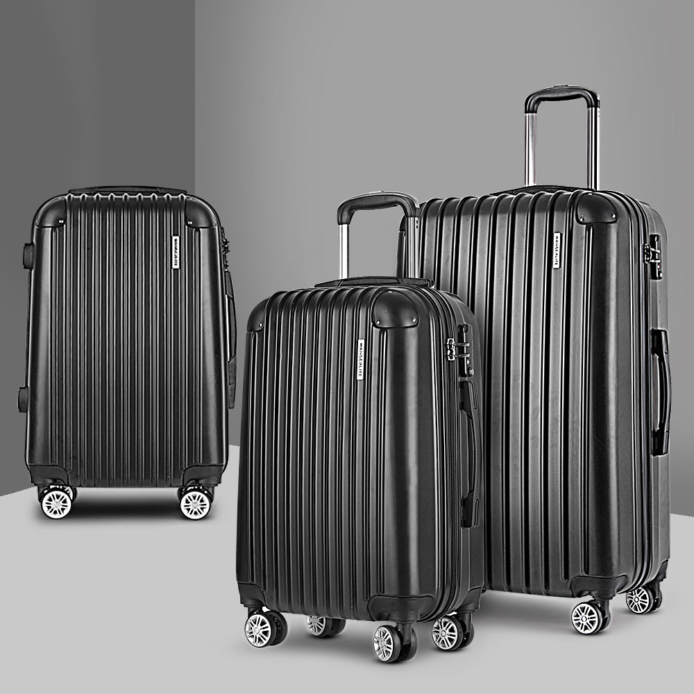 Wanderlite 3pcs Luggage Trolley Set | Travel Suitcase Storage Organiser | Carry On | Hard Case | TSA | Lightweight | Black