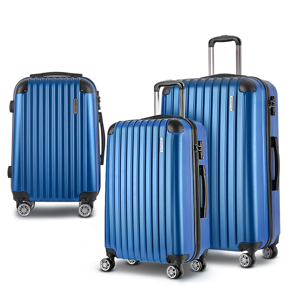 Wanderlite 3pcs Luggage Trolley Set | Travel Suitcase Storage Organiser | Carry On | Hard Case | TSA | Lightweight | Blue