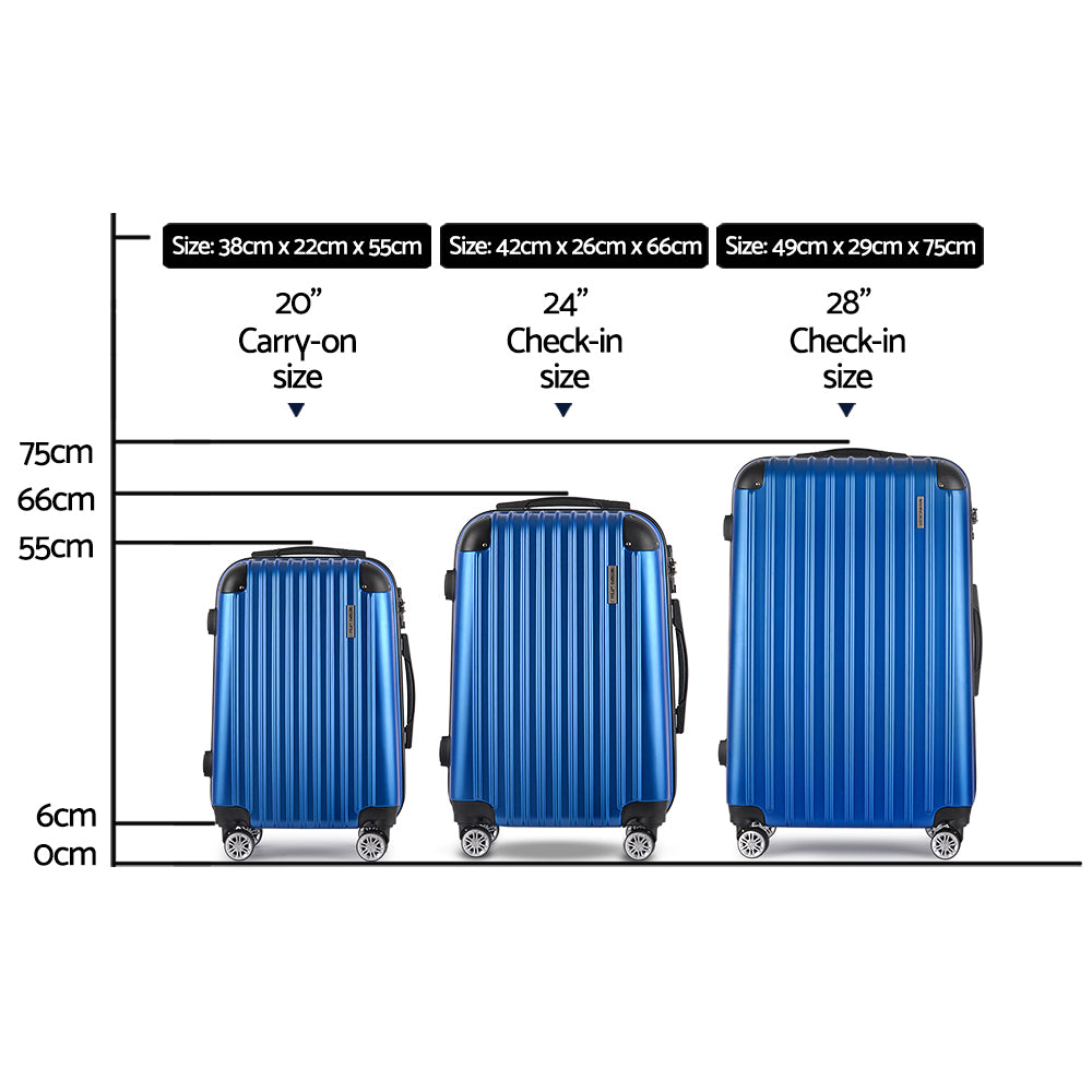 Wanderlite 3pcs Luggage Trolley Set | Travel Suitcase Storage Organiser | Carry On | Hard Case | TSA | Lightweight | Blue