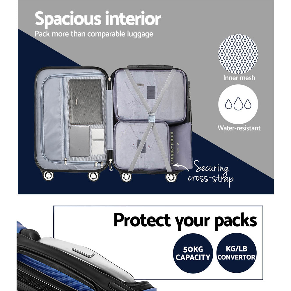 Wanderlite 3pcs Luggage Trolley Set | Travel Suitcase Storage Organiser | Carry On | Hard Case | TSA | Lightweight | Blue