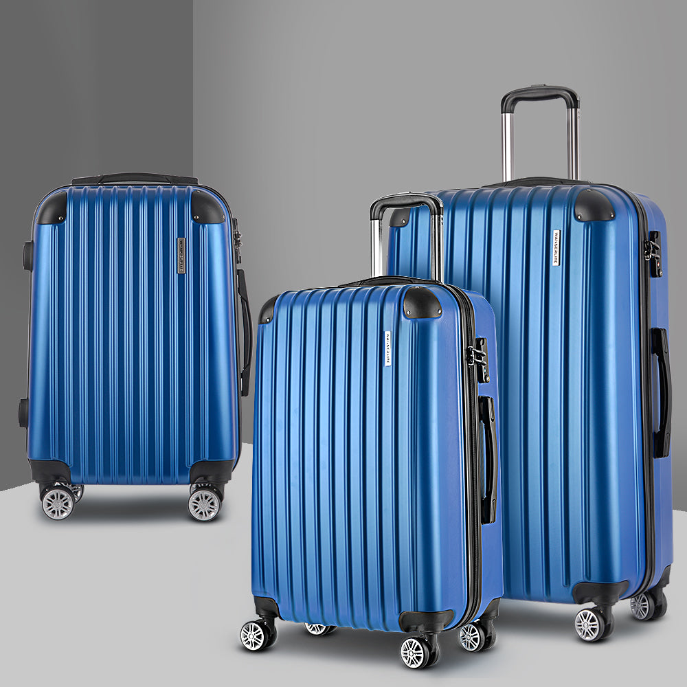 Wanderlite 3pcs Luggage Trolley Set | Travel Suitcase Storage Organiser | Carry On | Hard Case | TSA | Lightweight | Blue