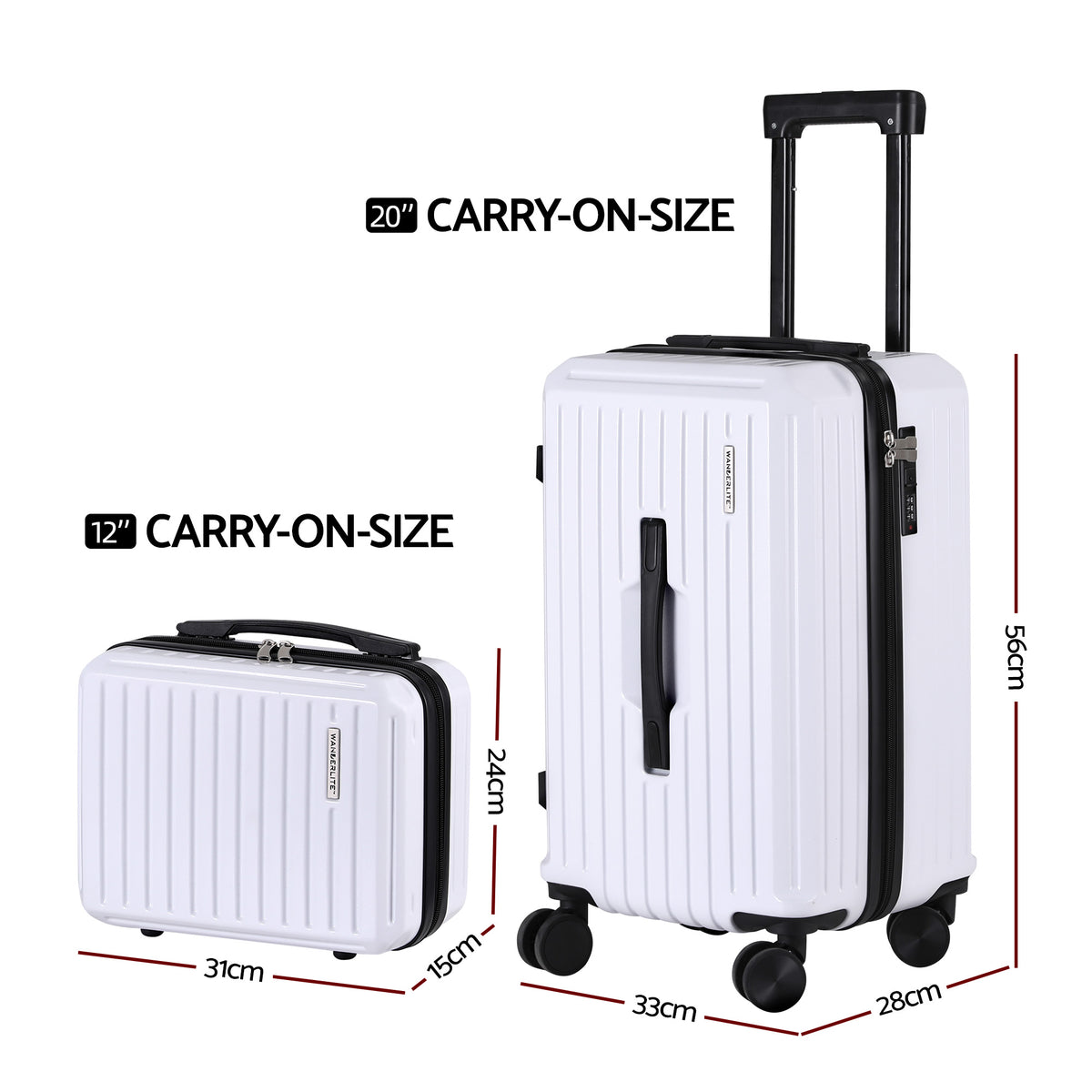 2pc Luggage Suitcase Set | 12in & 20in Carry On | TSA Lock | White