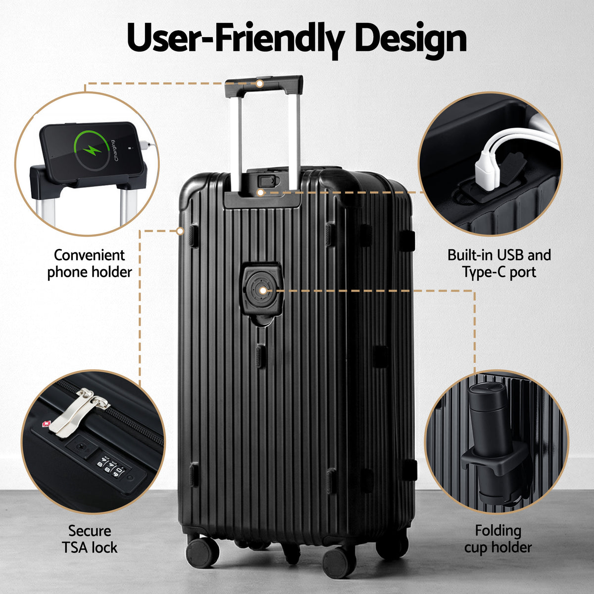 28in Luggage Suitcase | 5 Wheels | TSA Lock | Type-C Port | Black