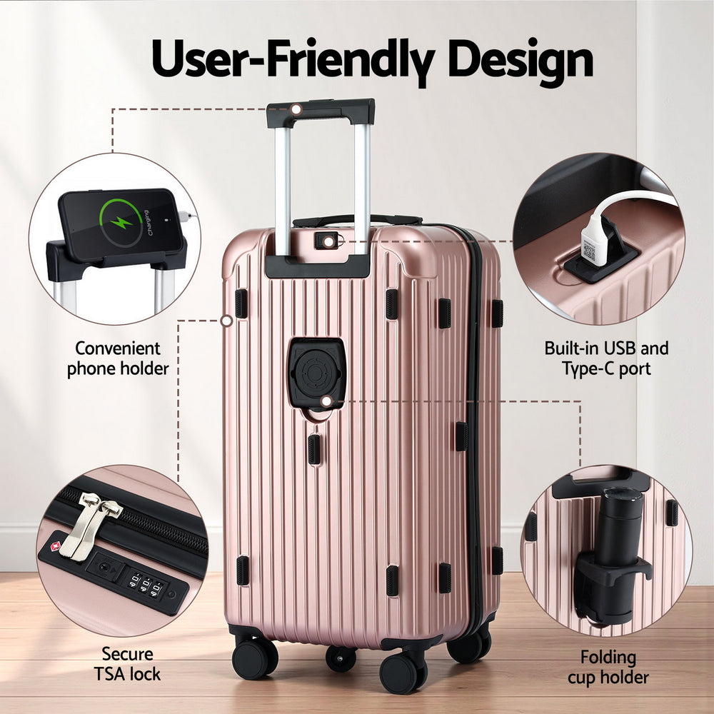 Travel Trunk Suitcase | 28" | 5 Wheels | Type-C Port | TSA | Rose Gold
