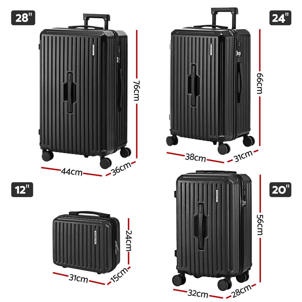 4pc Luggage Suitcase Set | Carry On Travel Cases | TSA Lock | Black