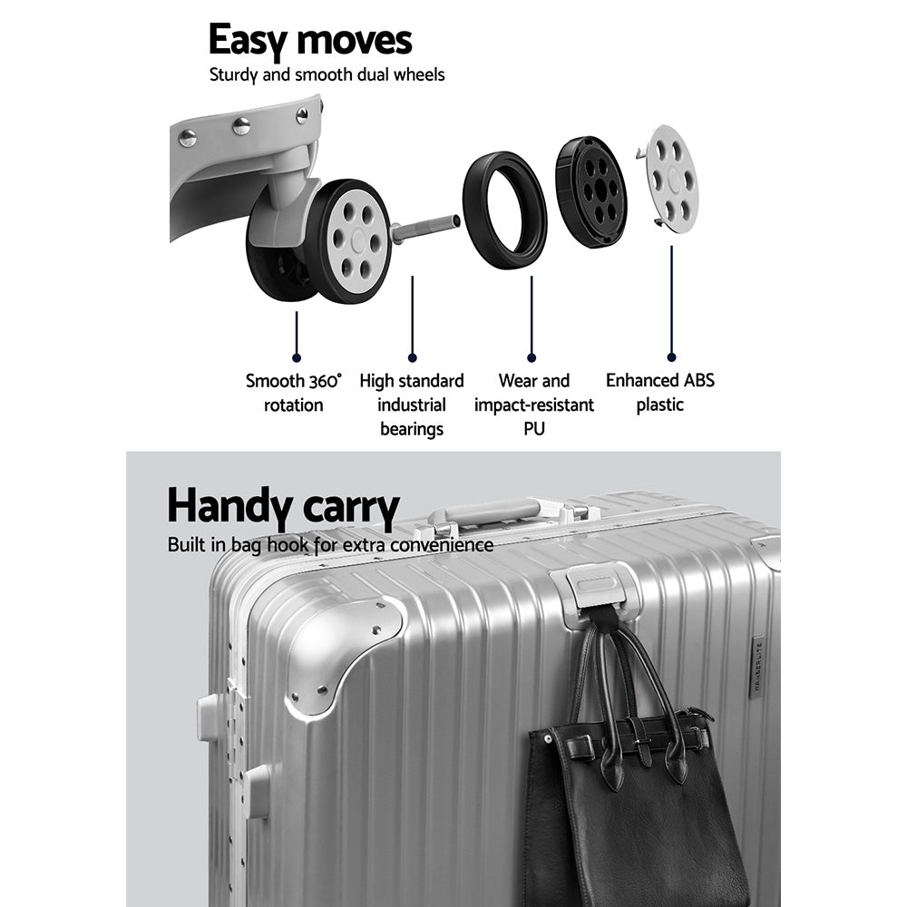 Wanderlite 28" Luggage Trolley | Travel Suitcase Set | TSA | Carry On | Lightweight | Aluminum | Silver
