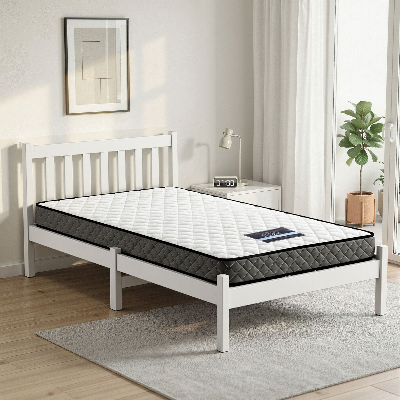 Single Mattress & Solid Pine Bed Frame Set | White | 16cm Mattress