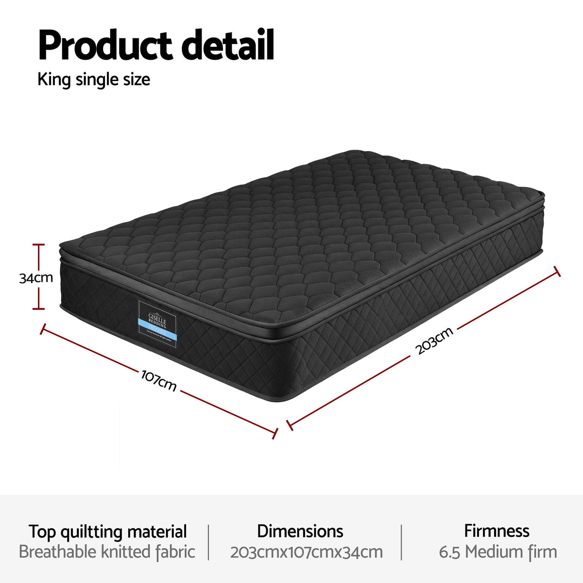 Pocket Spring Mattress | 34cm | 5-Zone | Egg Crate Foam | King Single