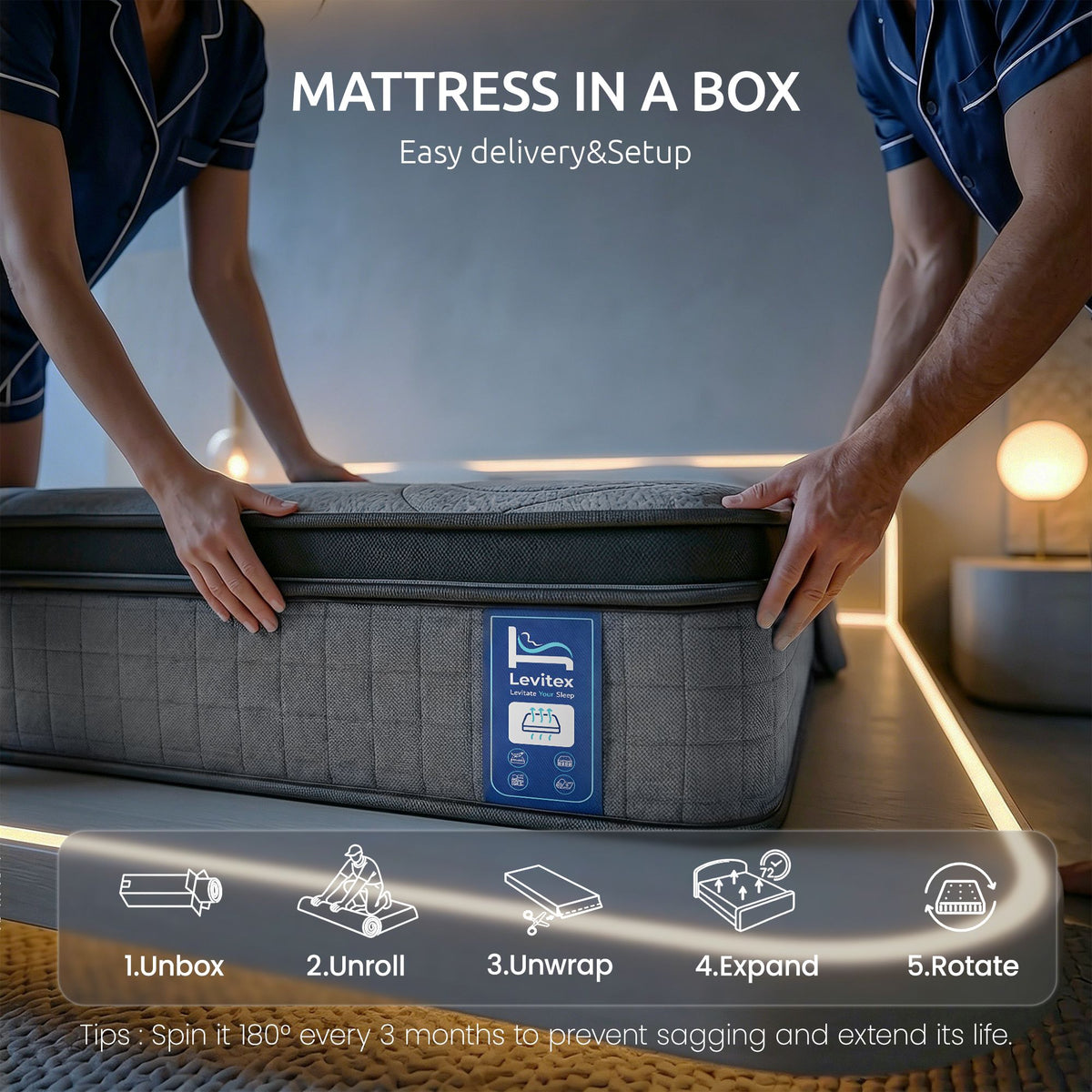 Levitex Double Mattress 33 cm 7-Zone Pocket Spring 8.0 Extra Firm with Dual-Row Edge Support & Breathable Knit Cover