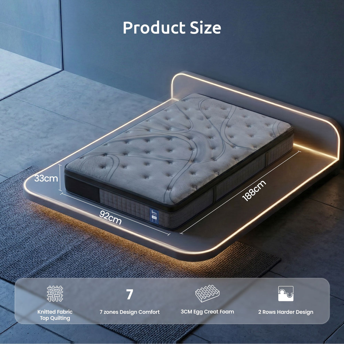 Levitex Single Mattress 33 cm 7-Zone Pocket Spring 8.0 Extra Firm with Dual-Row Edge Support & Breathable Knit Cover