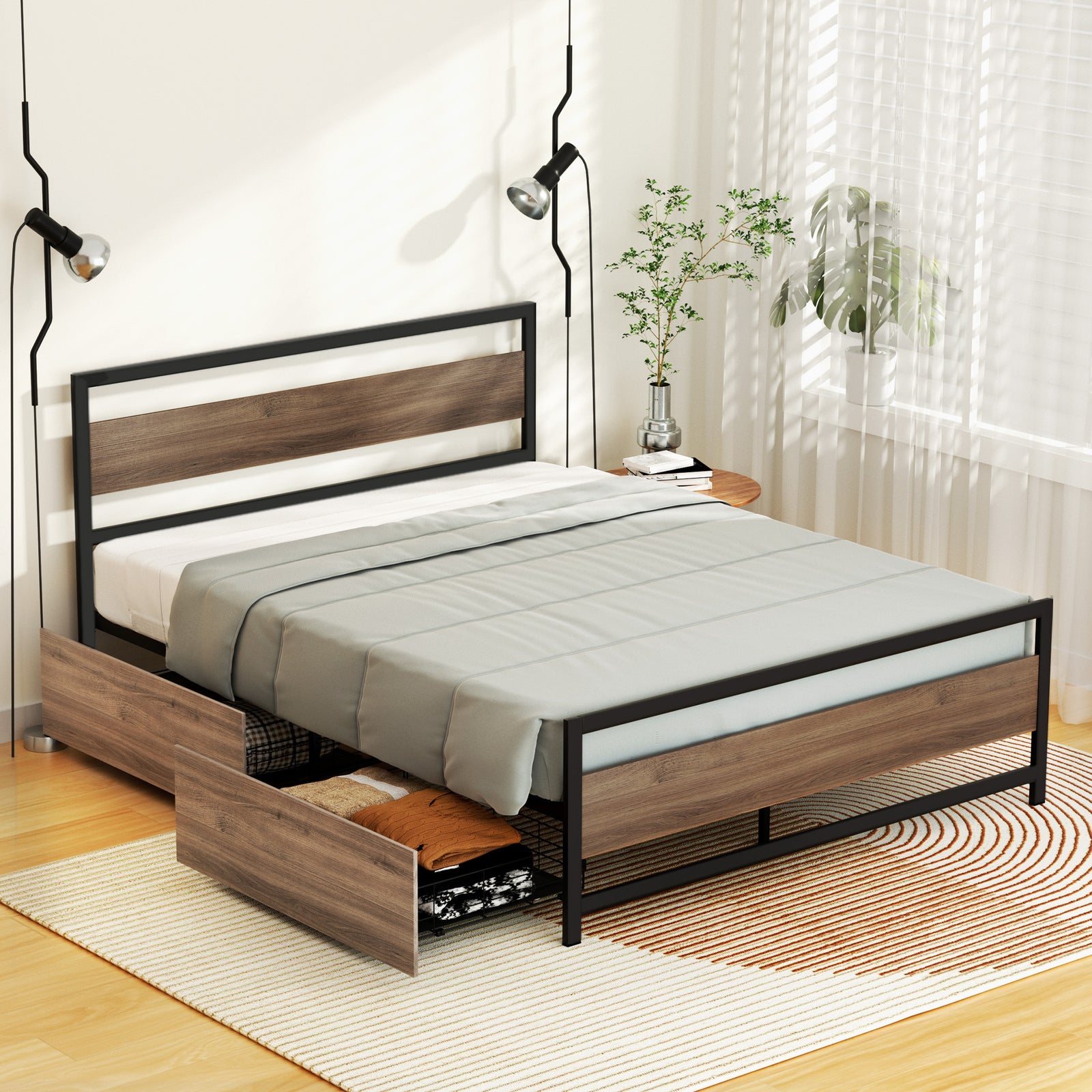 Queen Bed Frame | Metal Bed Base with 2 Storage Drawers