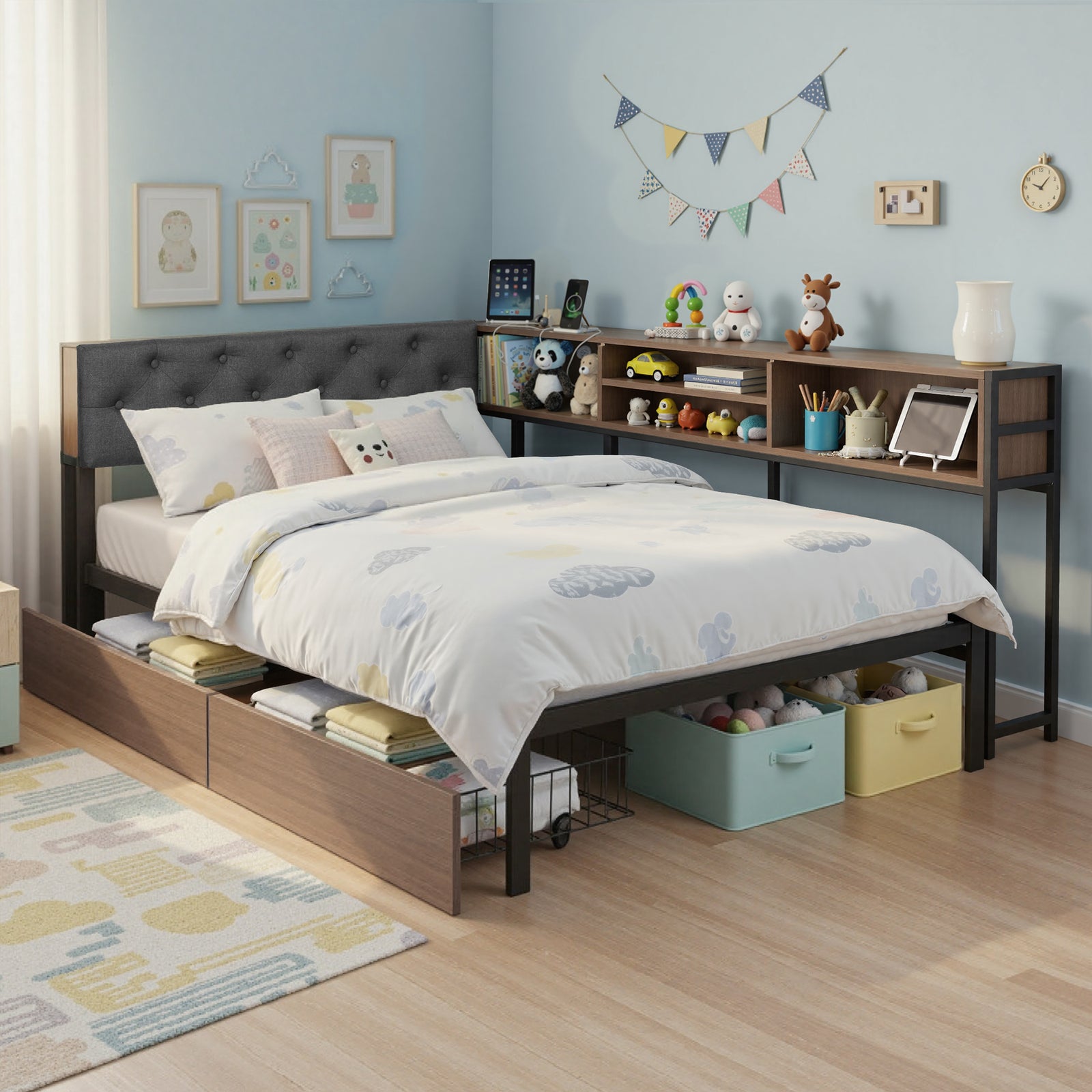 King Single Bed Frame | 2 Drawers | Charging Station | Metal Base
