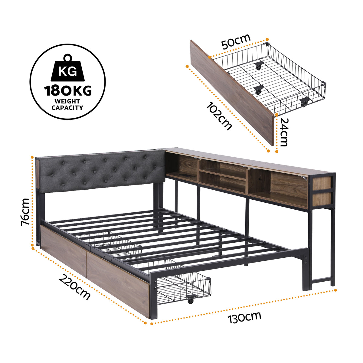 King Single Bed Frame | 2 Drawers | Charging Station | Metal Base