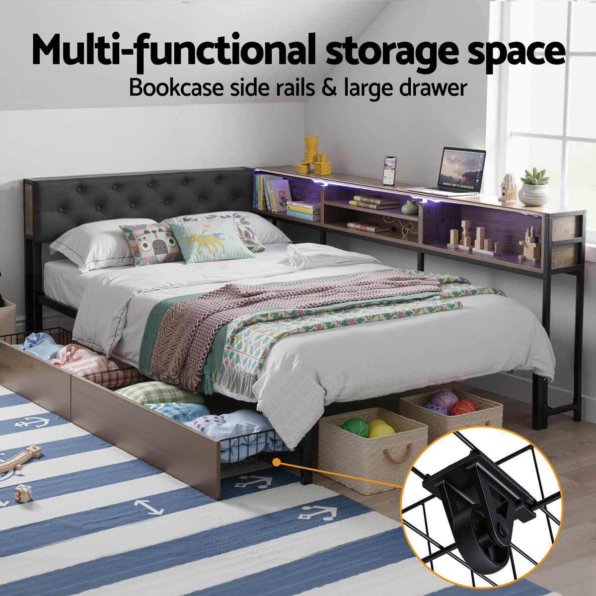 King Single Bed Frame | 2 Drawers | Charging Station | Metal Base