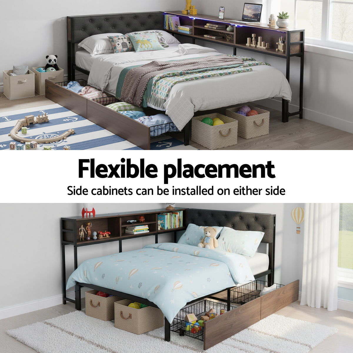 King Single Bed Frame | 2 Drawers | Charging Station | Metal Base