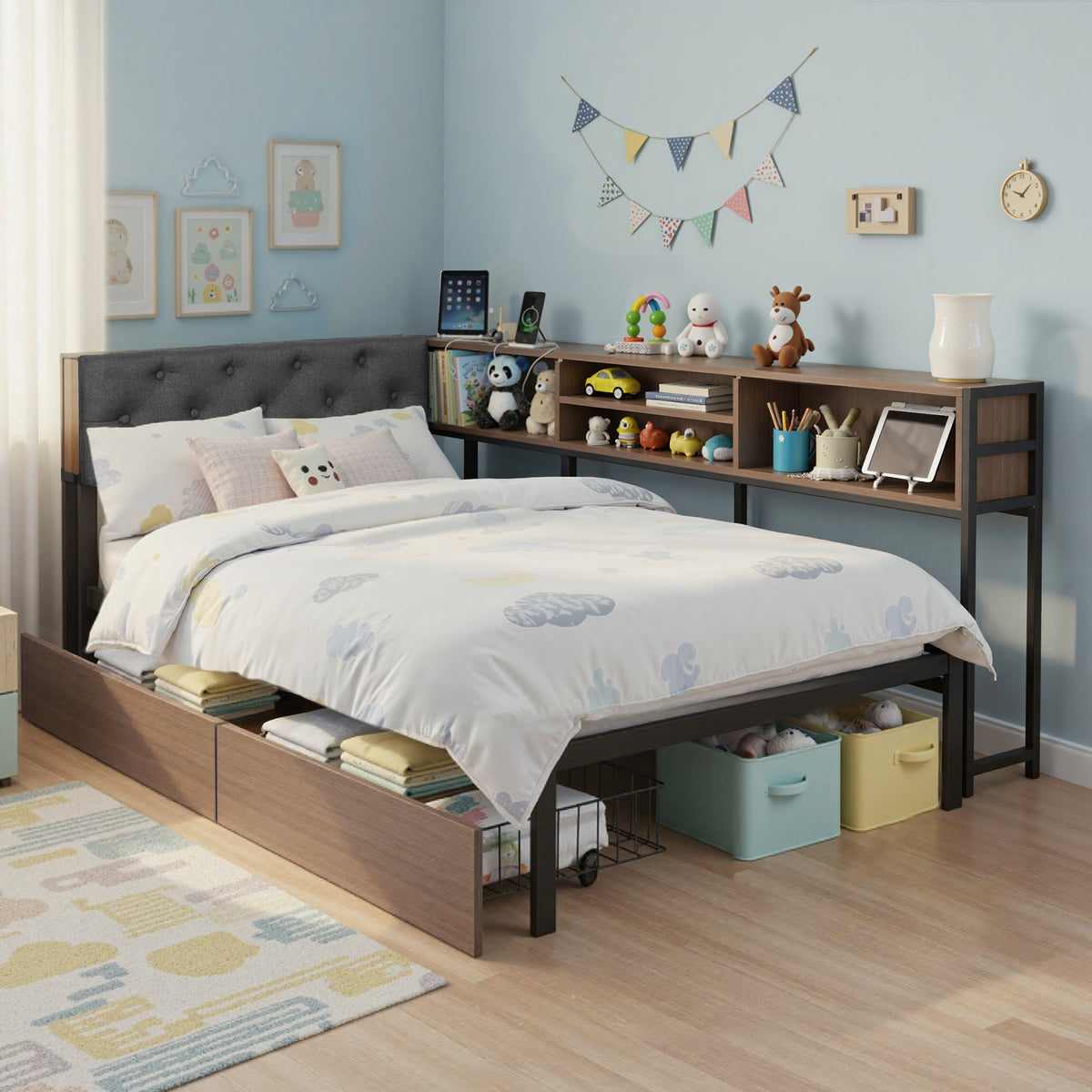 Single Bed Frame | 2 Drawers | Charging Station | Metal Base