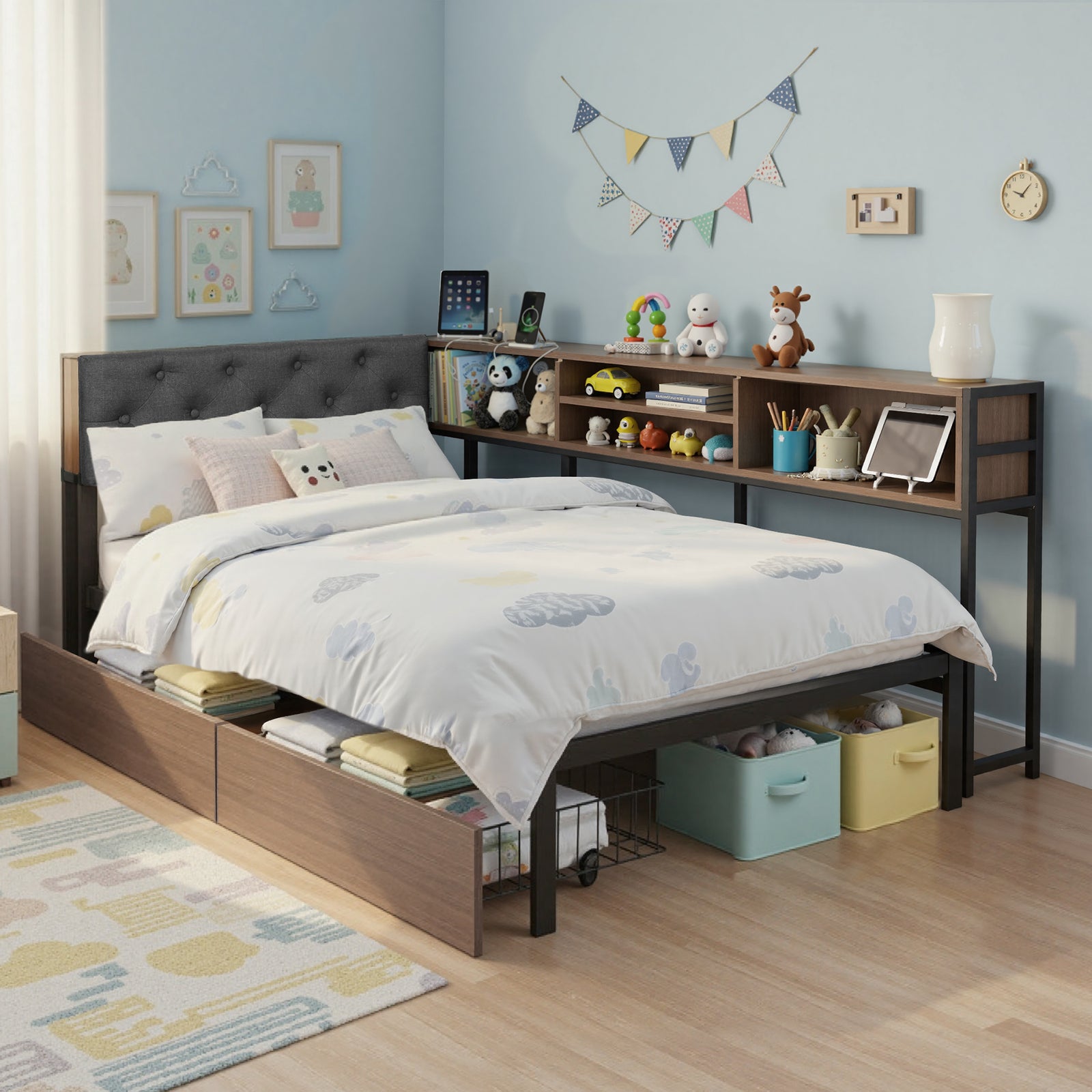 Single Bed Frame | 2 Drawers | Charging Station | Metal Base