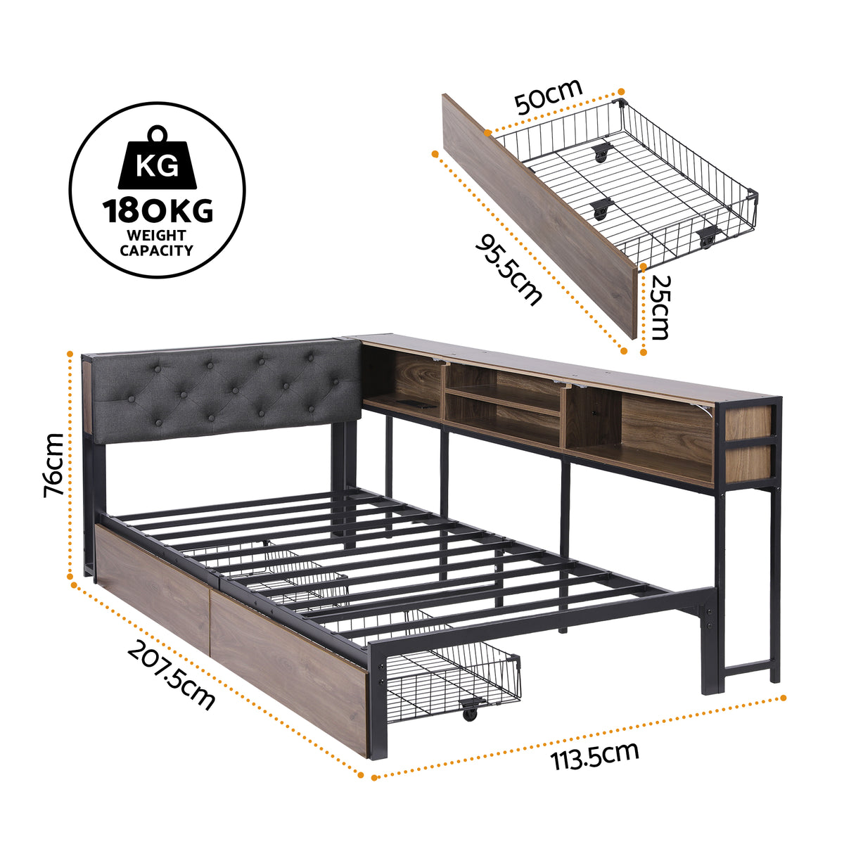 Single Bed Frame | 2 Drawers | Charging Station | Metal Base