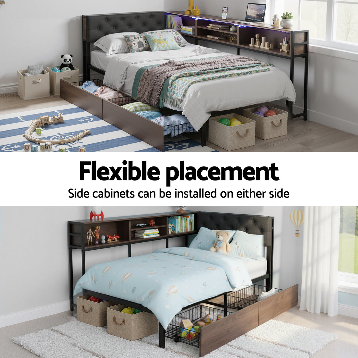 Single Bed Frame | 2 Drawers | Charging Station | Metal Base