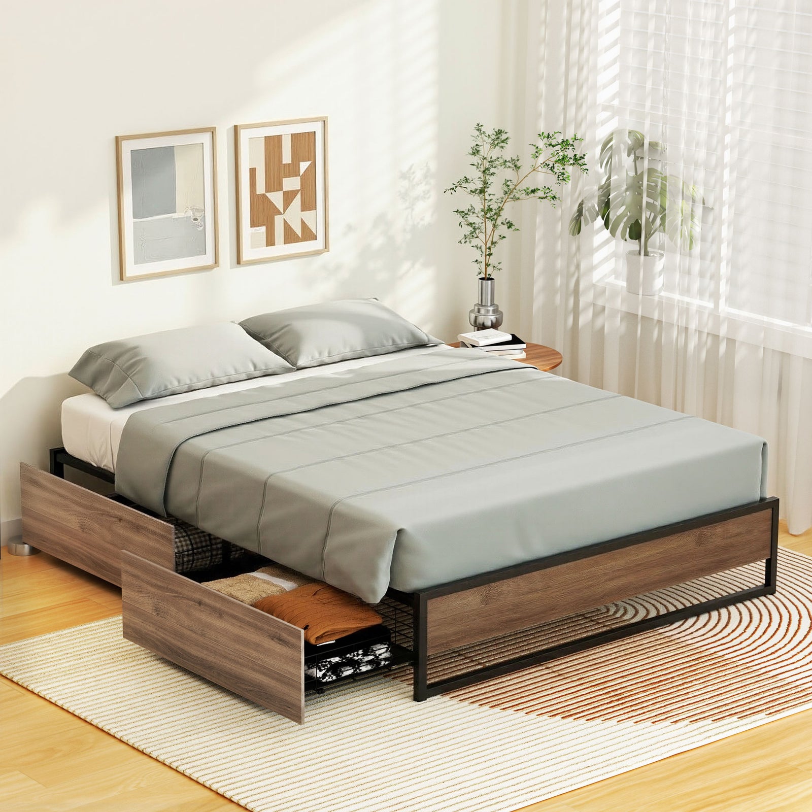 Double Metal Bed Frame | Bed Base with 2 Storage Drawers