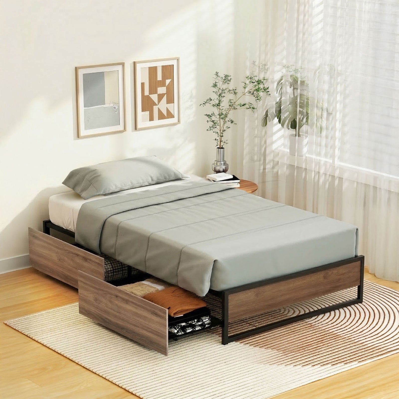 Single Metal Bed Frame | Bed Base with 2 Storage Drawers