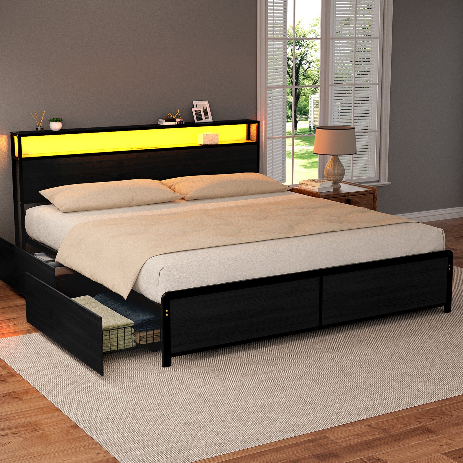 Metal Bed Frame | King | Storage Headboard | LED + Charging Station | 4 Drawers
