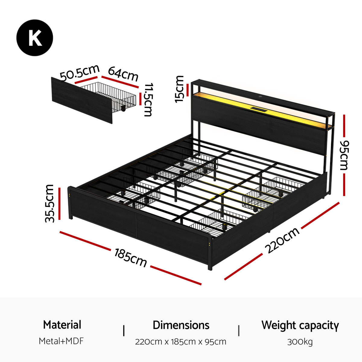 Metal Bed Frame | King | Storage Headboard | LED + Charging Station | 4 Drawers