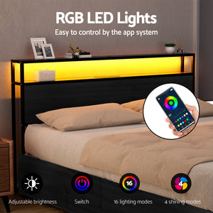 Metal Bed Frame | King | Storage Headboard | LED + Charging Station | 4 Drawers