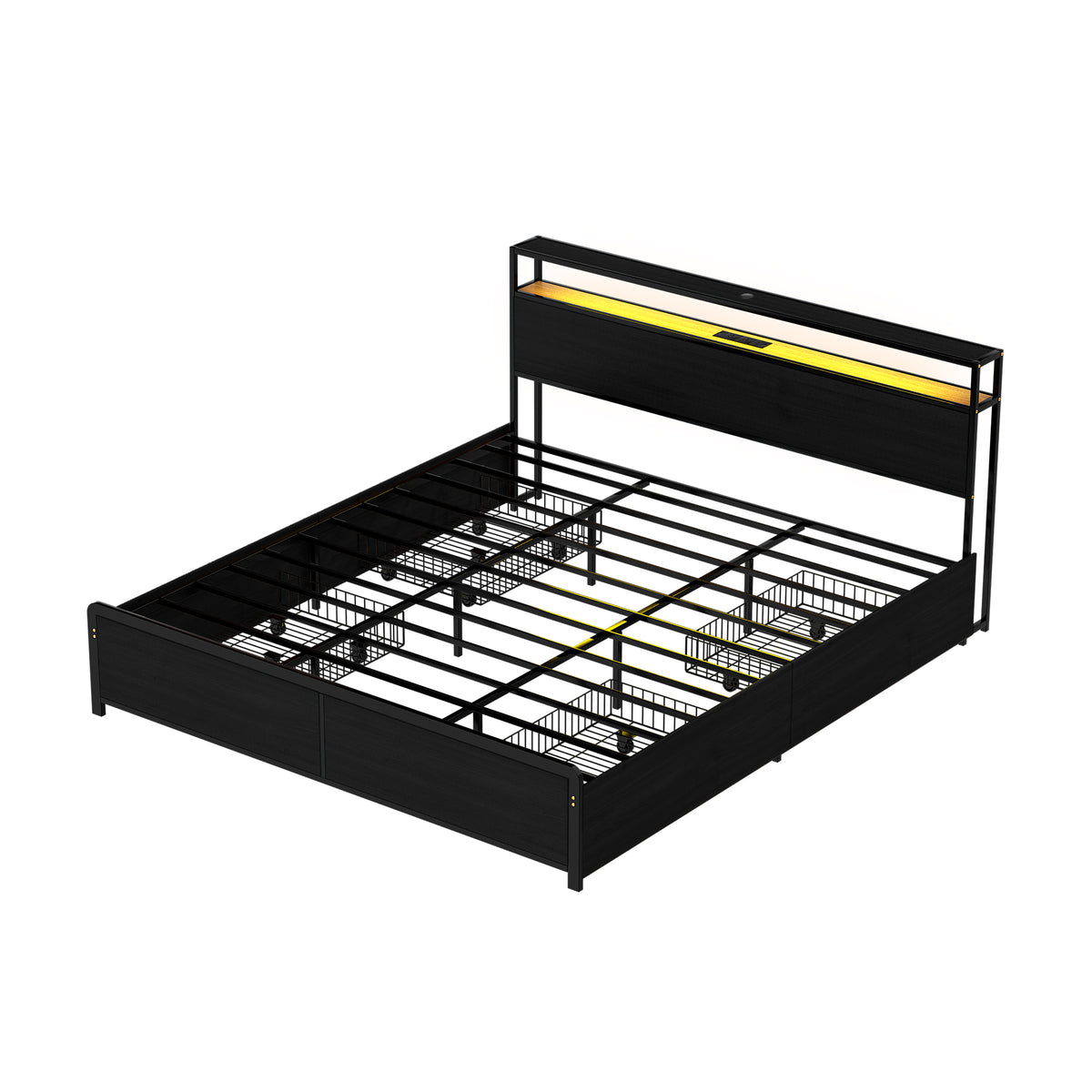 Metal Bed Frame | King | Storage Headboard | LED + Charging Station | 4 Drawers