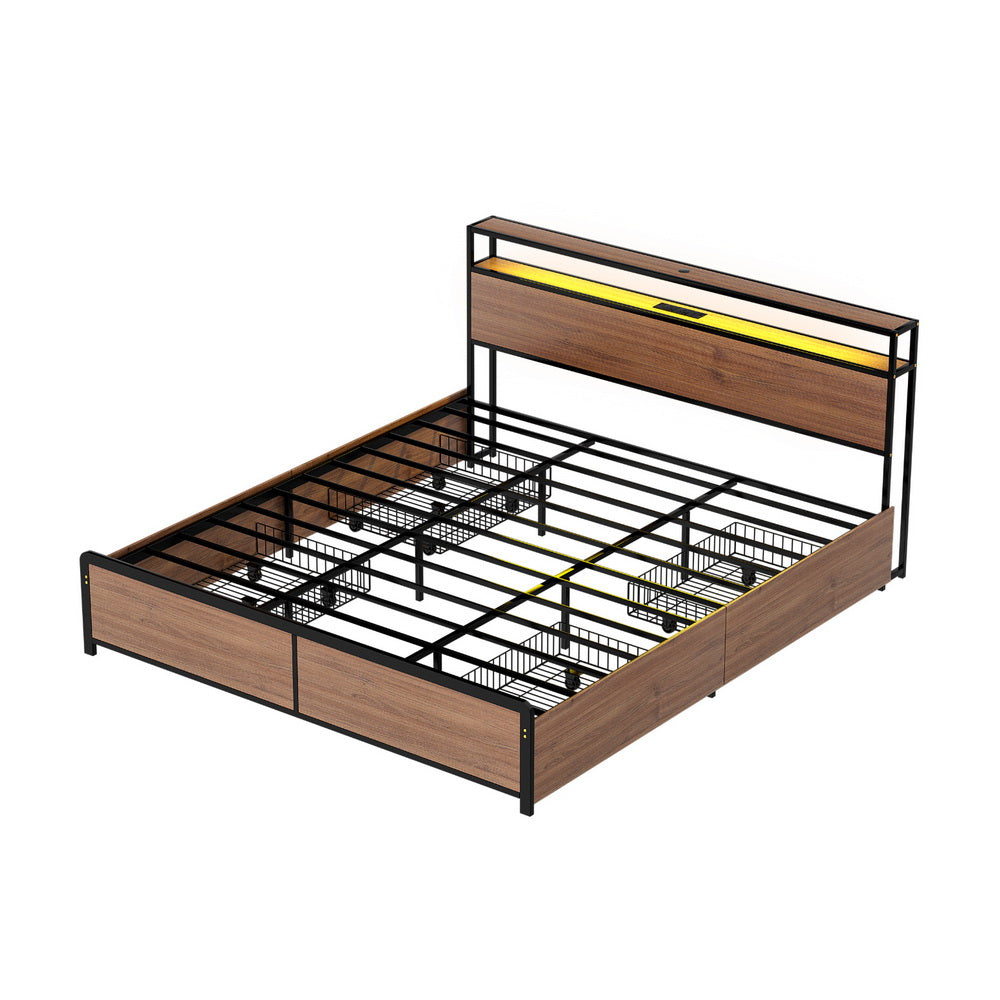 Artiss Metal Bed Frame | King | 2-Tier Storage Headboard | 4 Drawers | LED + USB | Vintage Brown