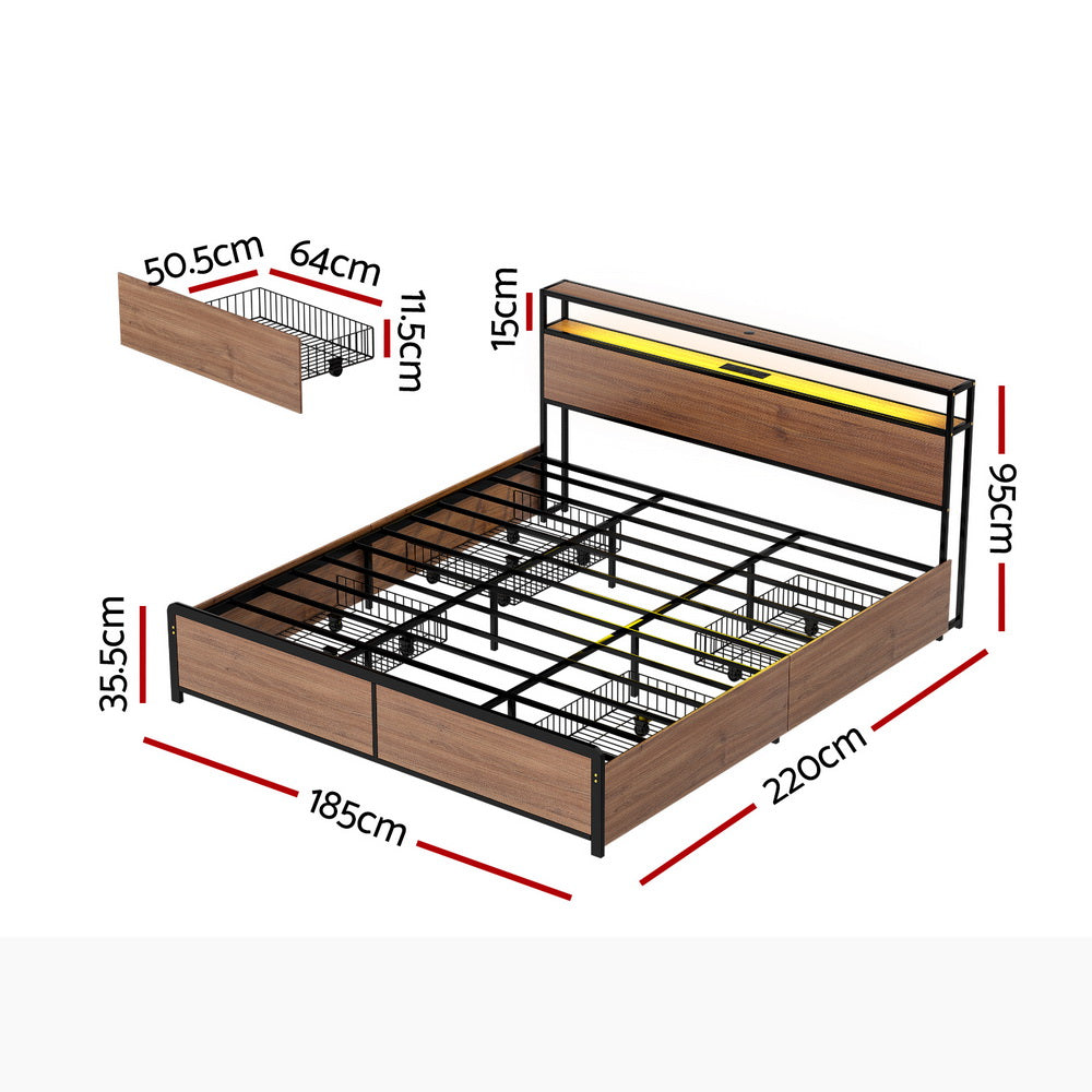 Artiss Metal Bed Frame | King | 2-Tier Storage Headboard | 4 Drawers | LED + USB | Vintage Brown