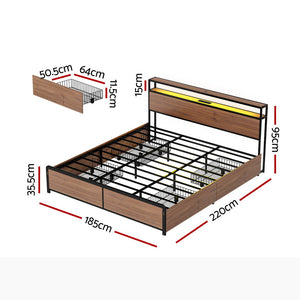 Artiss Metal Bed Frame | King | 2-Tier Storage Headboard | 4 Drawers | LED + USB | Vintage Brown