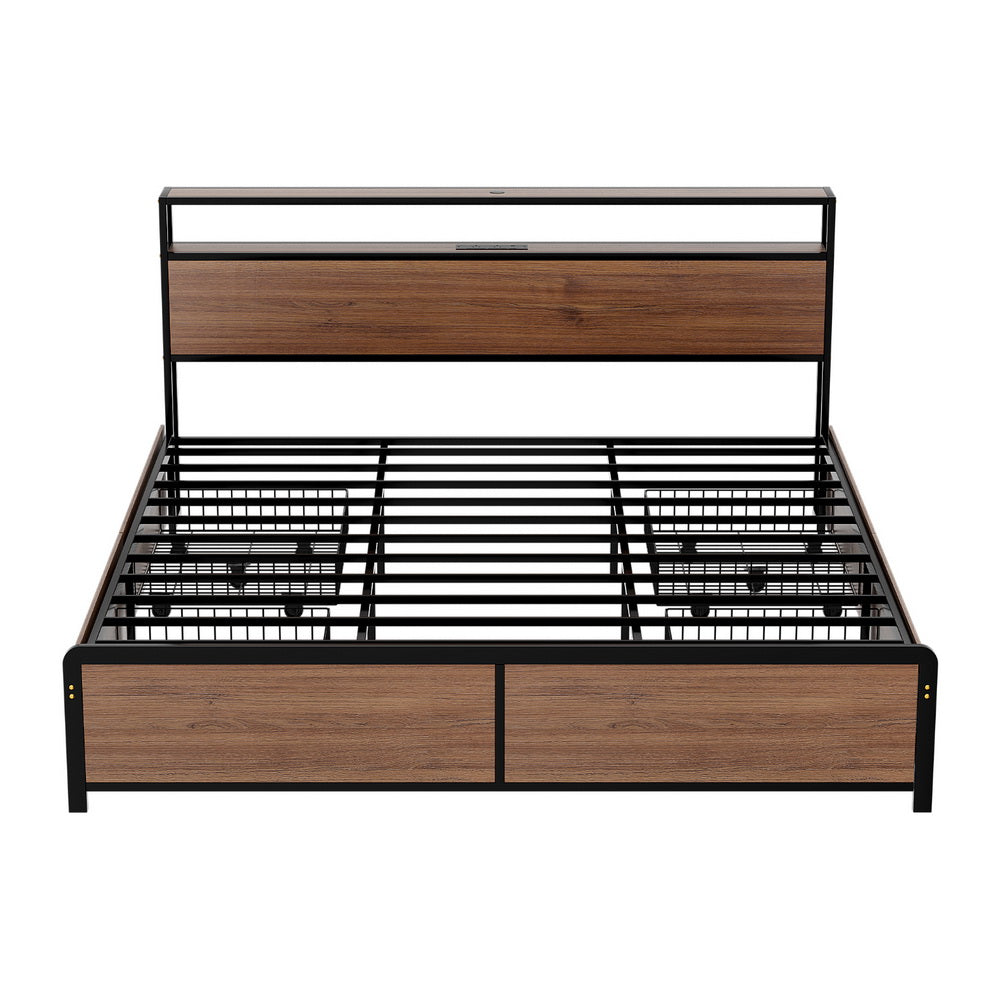 Artiss Metal Bed Frame | King | 2-Tier Storage Headboard | 4 Drawers | LED + USB | Vintage Brown