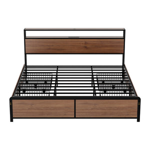 Artiss Metal Bed Frame | King | 2-Tier Storage Headboard | 4 Drawers | LED + USB | Vintage Brown
