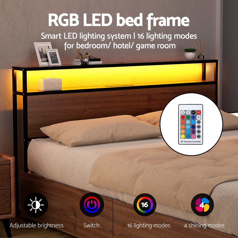 Artiss Metal Bed Frame | King | 2-Tier Storage Headboard | 4 Drawers | LED + USB | Vintage Brown