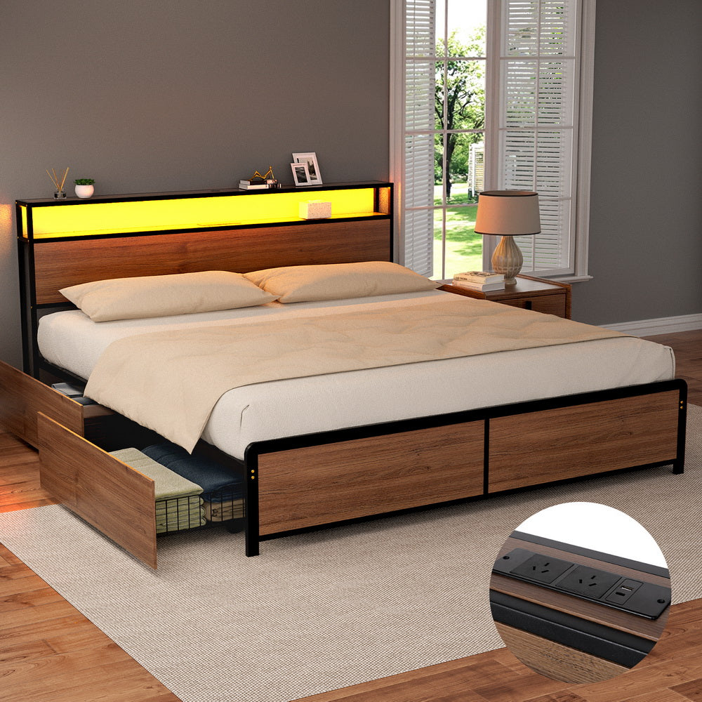 Artiss Metal Bed Frame | King | 2-Tier Storage Headboard | 4 Drawers | LED + USB | Vintage Brown