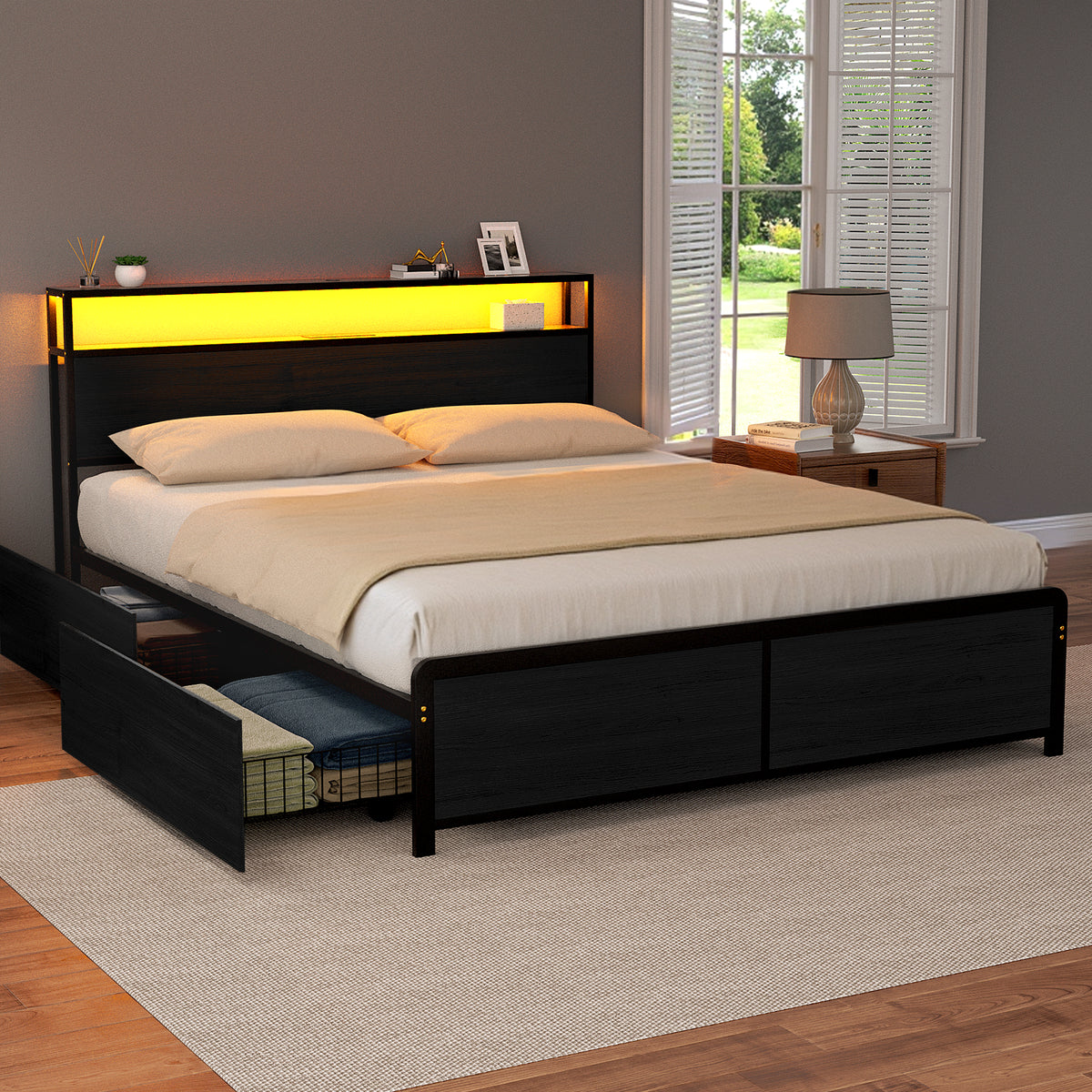 Metal Bed Frame | Queen | Storage Headboard | LED + Charging Station | 4 Drawers