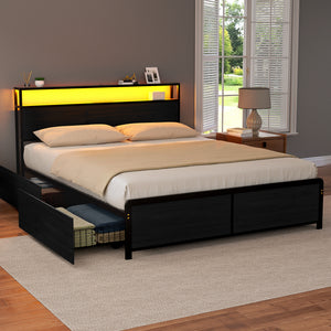 Metal Bed Frame | Queen | Storage Headboard | LED + Charging Station | 4 Drawers