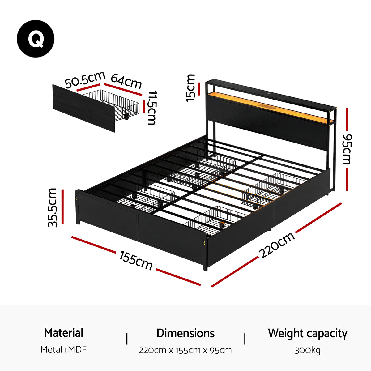 Metal Bed Frame | Queen | Storage Headboard | LED + Charging Station | 4 Drawers