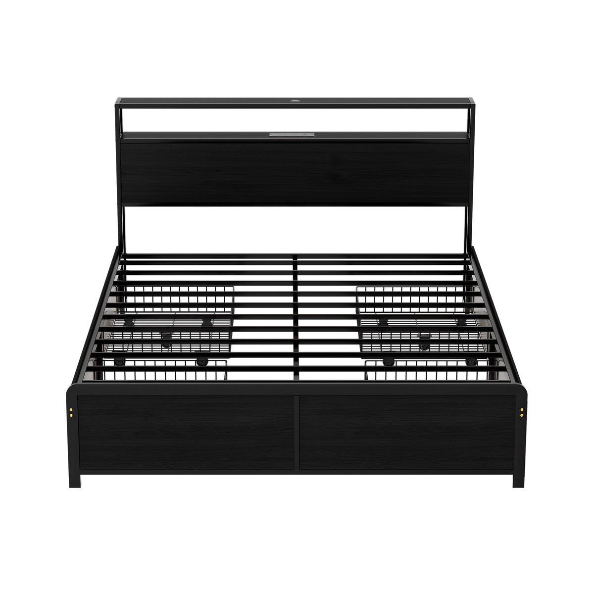 Metal Bed Frame | Queen | Storage Headboard | LED + Charging Station | 4 Drawers