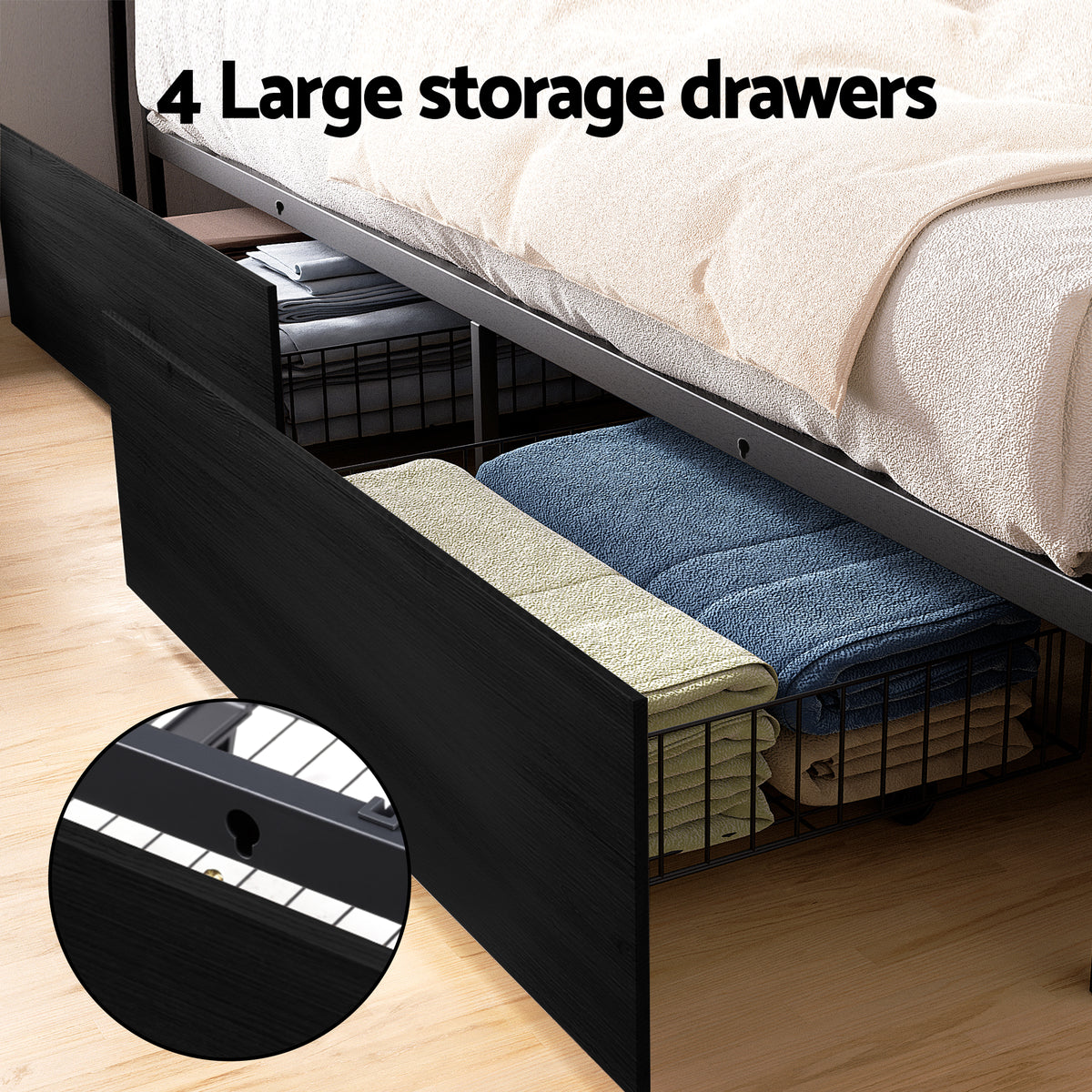 Metal Bed Frame | Queen | Storage Headboard | LED + Charging Station | 4 Drawers