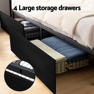 Metal Bed Frame | Queen | Storage Headboard | LED + Charging Station | 4 Drawers
