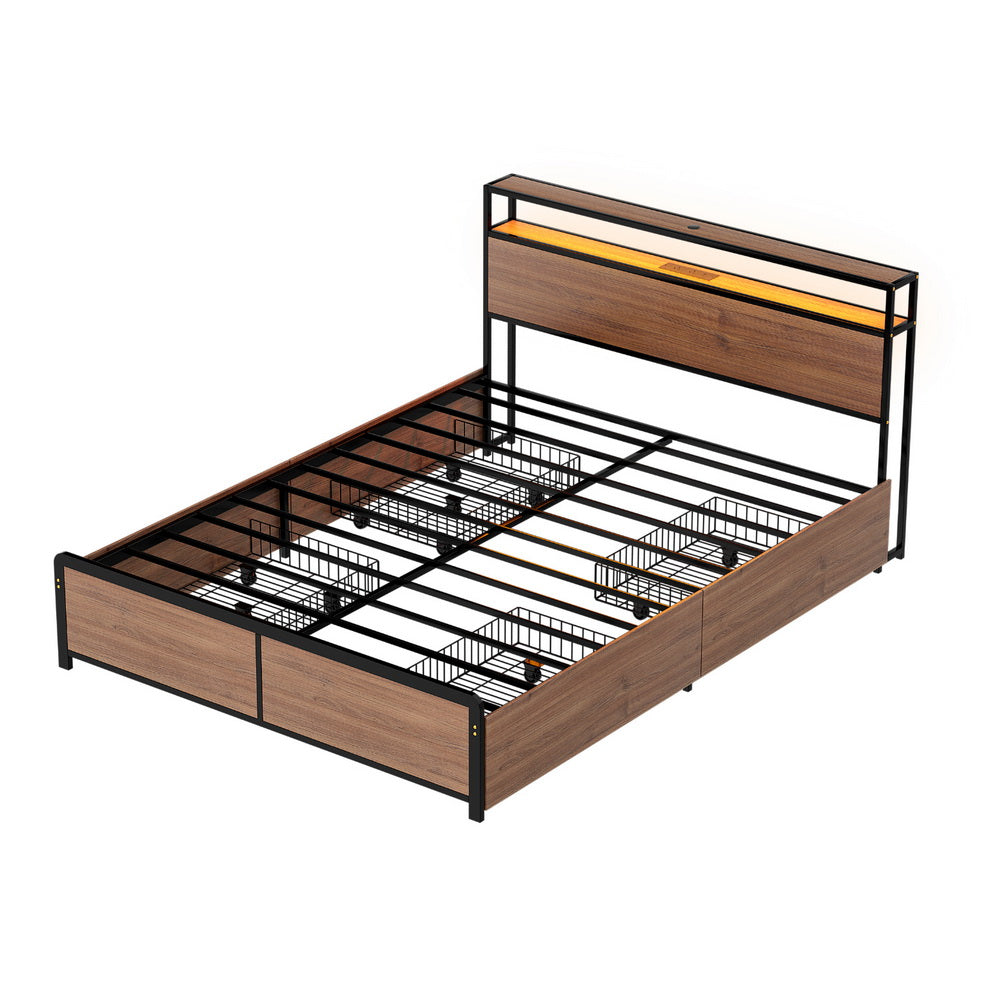 Artiss Metal Bed Frame | Queen | 2-Tier Storage Headboard | 4 Drawers | LED + USB | Vintage Brown