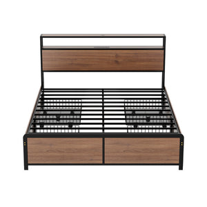 Artiss Metal Bed Frame | Queen | 2-Tier Storage Headboard | 4 Drawers | LED + USB | Vintage Brown